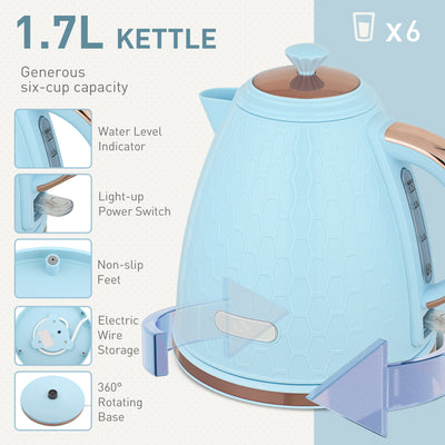 HOMCOM Kettle and Toaster Set, 1.7L 3000W Fast Boil Jug Kettle, 4 Slice Toaster with 7 Level Browning Controls, Light Blue 