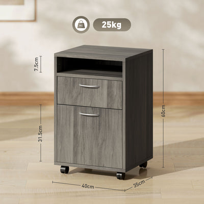 HOMCOM 60cm Filing Cabinet with Drawer, Open Shelf, Metal Handles and 4 Wheels, Office Home Organiser Mobile Printer, Grey 