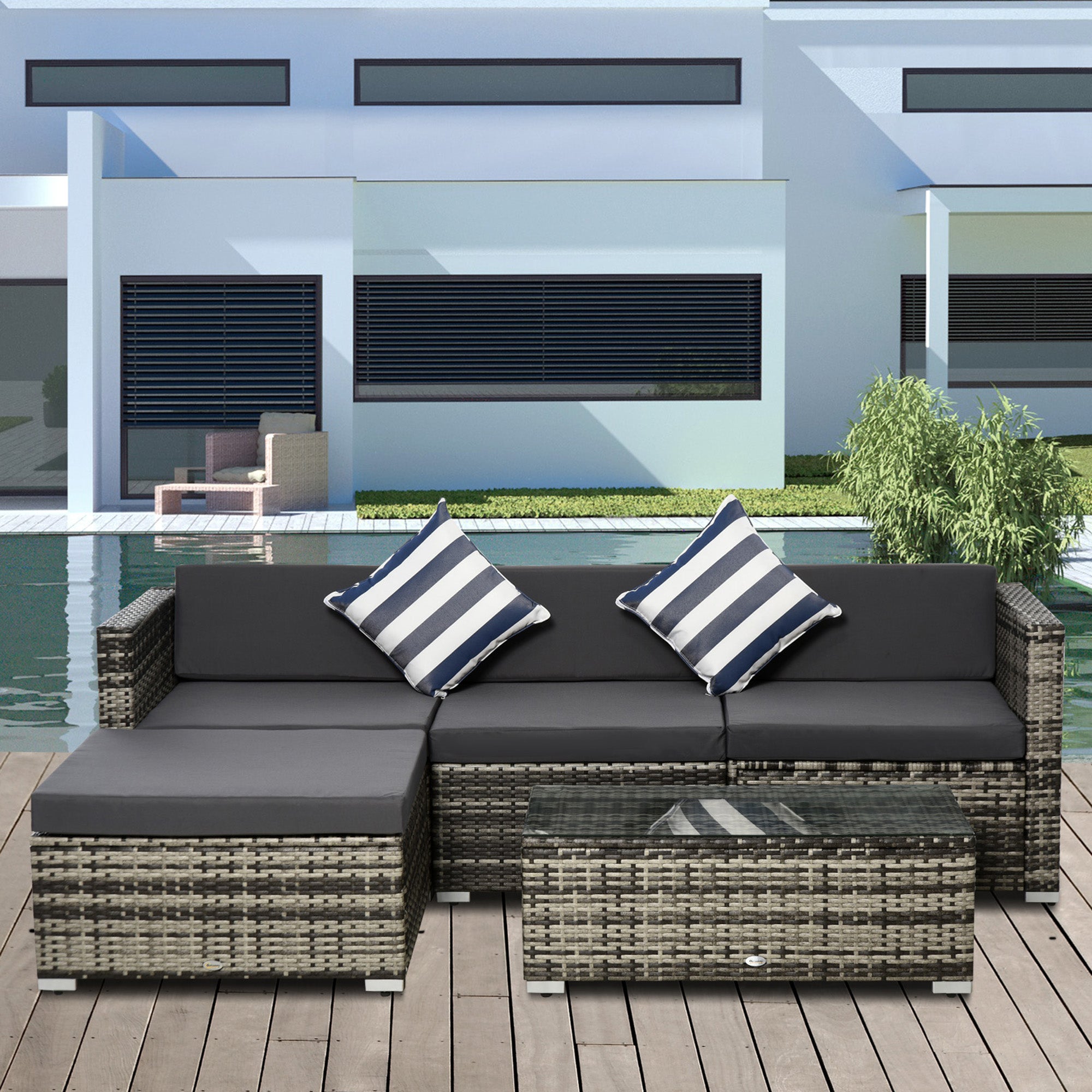 Outsunny 4-Seater Rattan Sofa Set Wicker Sectional Furniture Cushion Grey Garden 