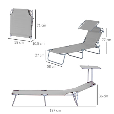 Outsunny 2 Pieces Outdoor Foldable Sun Lounger, 4 Level Adjustable Backrest Reclining Sun Lounger Chair with Angle Adjust Sun Shade Awning for Beach, Garden, Patio, Light Grey 