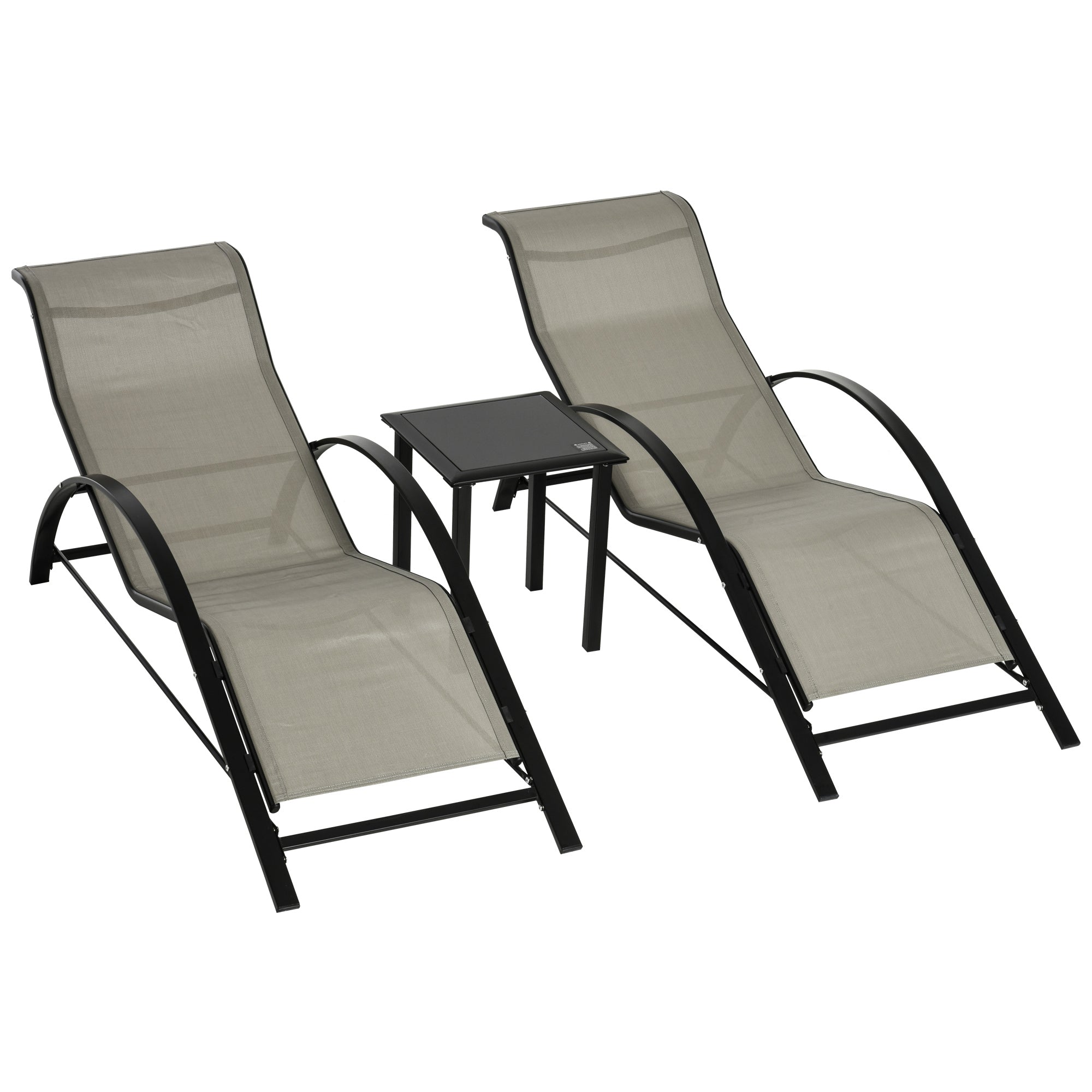 Outsunny 3 Pieces Sun Lounger Chair Set, Metal Frame Garden Outdoor Sunbathing Chair with Side Table and Armrest, Grey 
