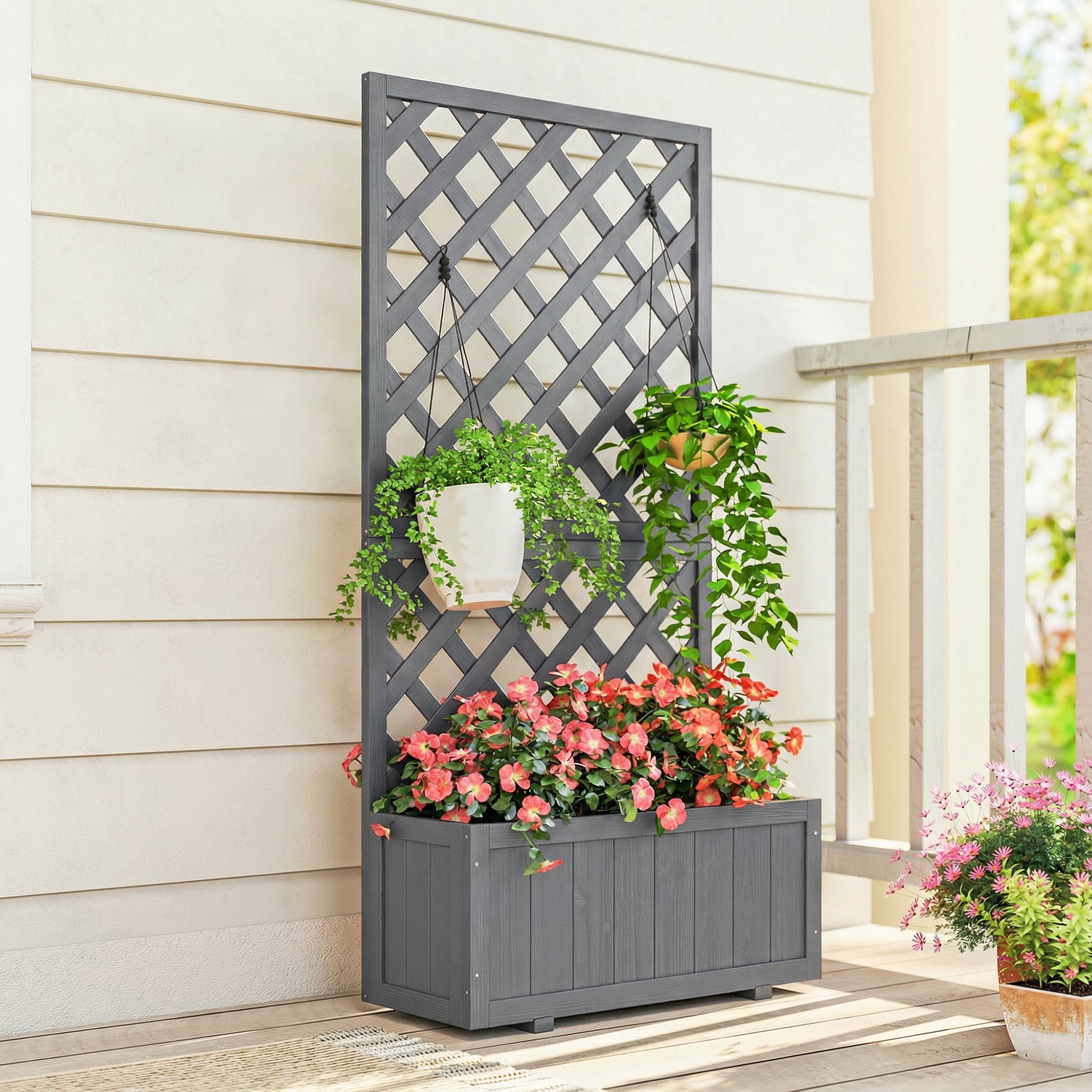 Outsunny Wood Planter with Trellis for Climbing Plants, Raised Bed, Planter Box with Drainage Holes to Grow Herbs Flowers, Grey 