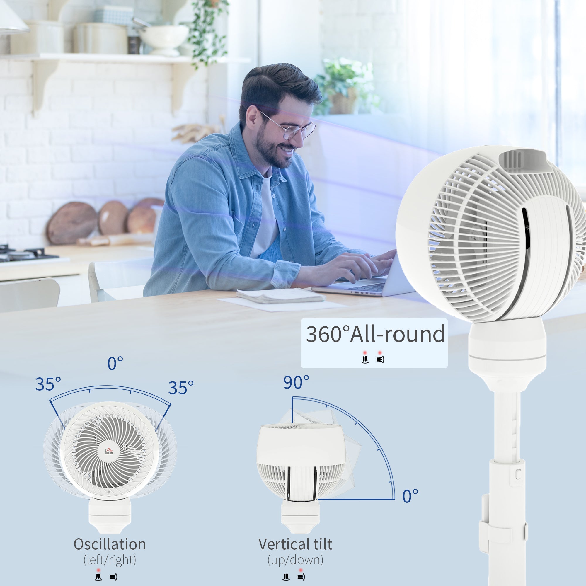 HOMCOM 9'' Air Circulator Fan 3 Speed 3 Mode, 70\'c2\'b0 Oscillation 90\'c2\'b0 Vertical Tilt, Height Adjustable, Remote Controller, for Living Room, Bedroom, Office, White