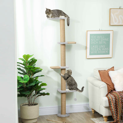 PawHut Wall Mounted Cat Shelves, Cat Climbing Wall with 4 Climbing Platforms, Jute Scratching Post and Toy Ball,180cm Tall, Light Grey 