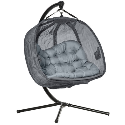 Outsunny Double Hanging Egg Chair 2 Seaters Texteline Swing Hammock Chair with Stand, Cushion and Folding Design, for Indoor and Outdoor, Grey 