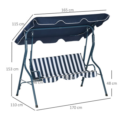 Outsunny 3 Seater Garden Swing Seat Chair Outdoor Bench with Adjustable Canopy and Metal Frame, Blue Stripes 