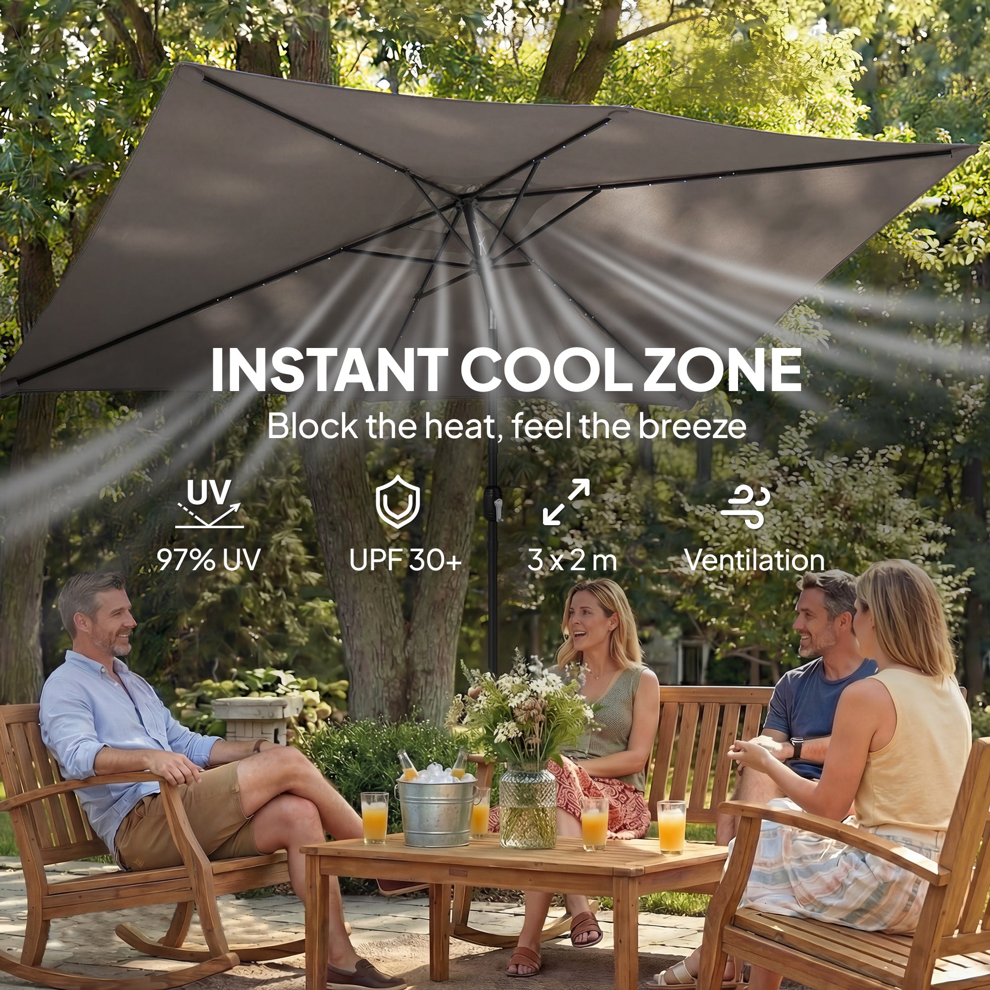 Outsunny 3 x 2 m Garden Parasol Umbrella with LED Solar Light, Parasol Cover, Outdoor Market Patio Umbrella, Dark Grey 