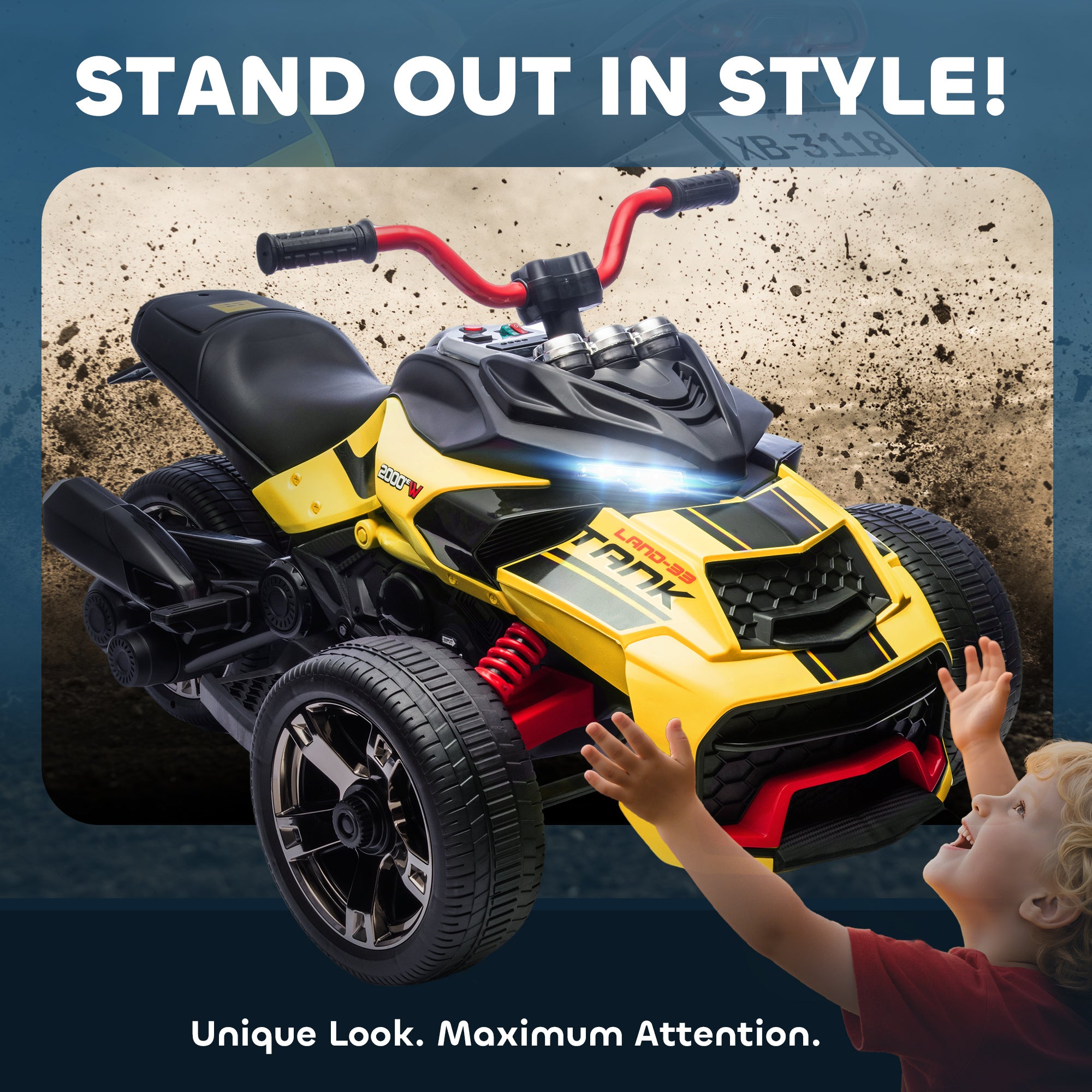 AIYAPLAY 12V Kids Electric Ride On Car with 3 Wheeler, MP3 Player, Horn, 2 Speeds, LED Lights for Boys & Girls Ages 3-8, Yellow 