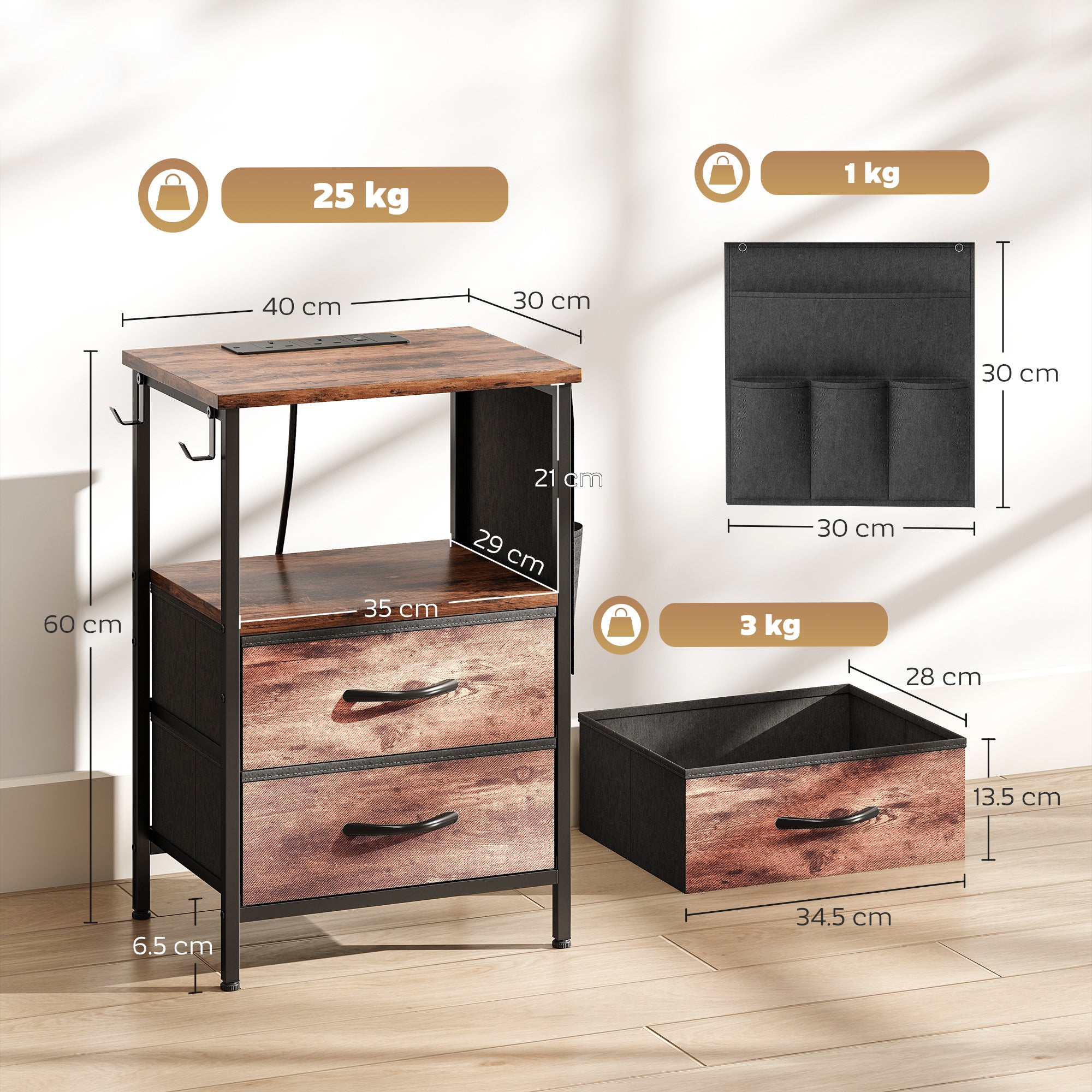 HOMCOM Bedside Table with Charging Station - Rustic Brown 