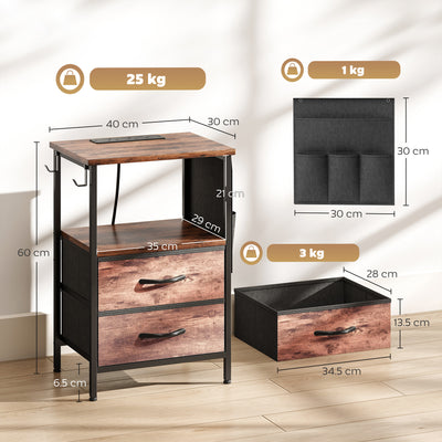 HOMCOM Bedside Table with Charging Station - Rustic Brown 