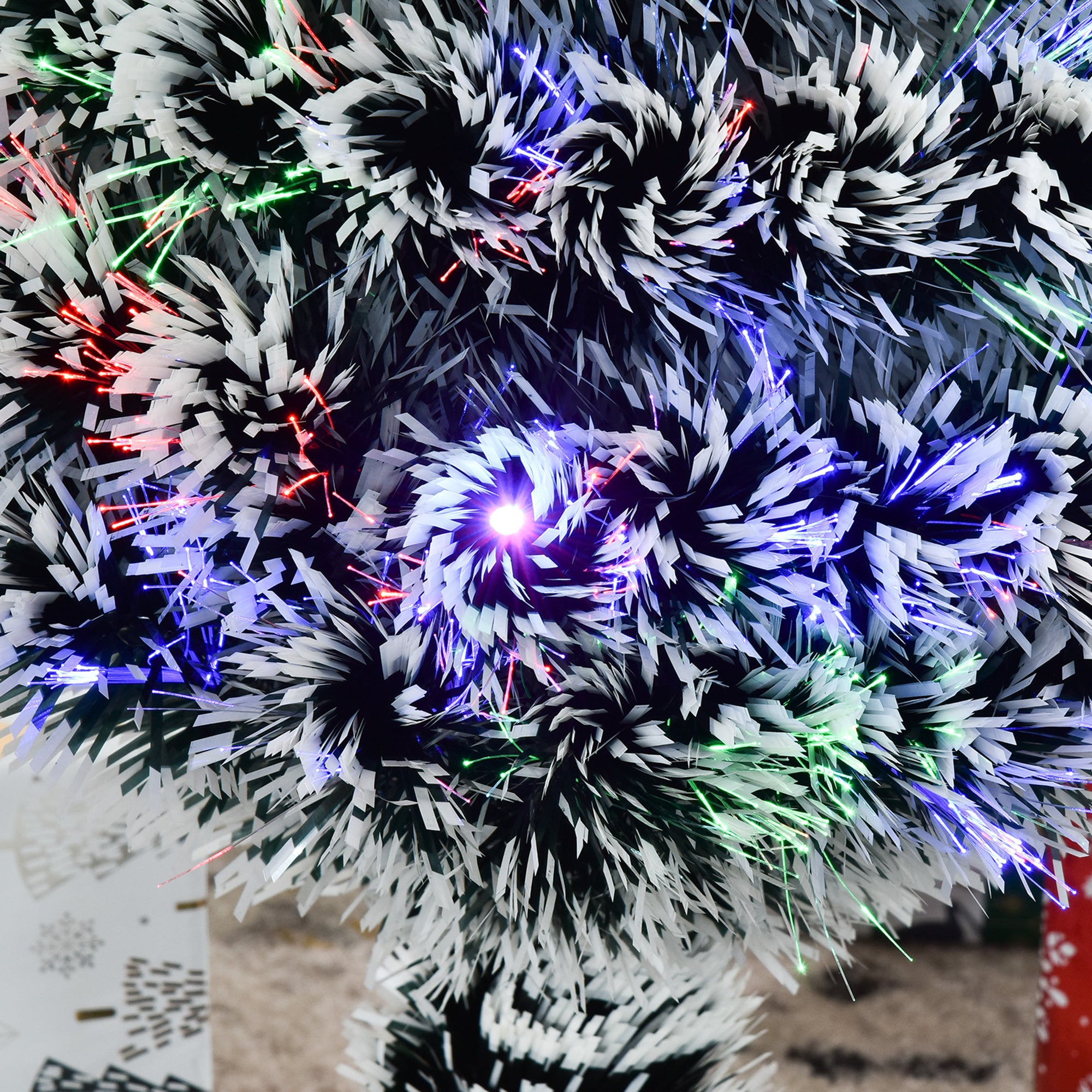 HOMCOM 3ft Artificial Prelit Christmas Tree, Snow Xmas Tree with Colourful LED Lighting Fiber Optics, Green White 