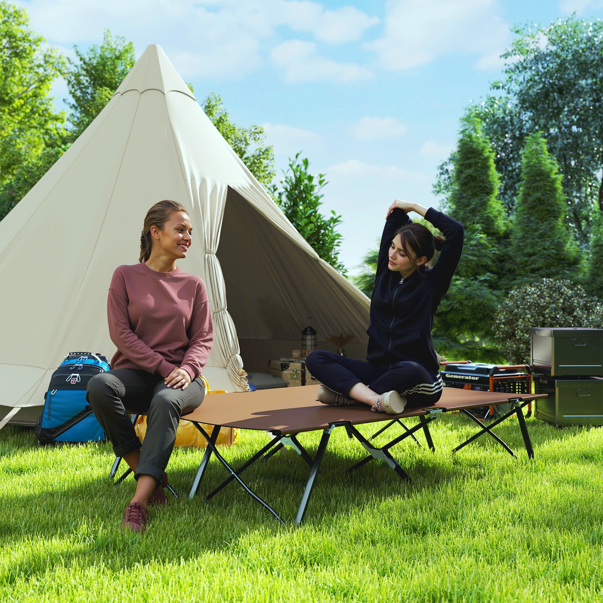 Outsunny Double Camping Cot Bed, with Bag - Khaki 