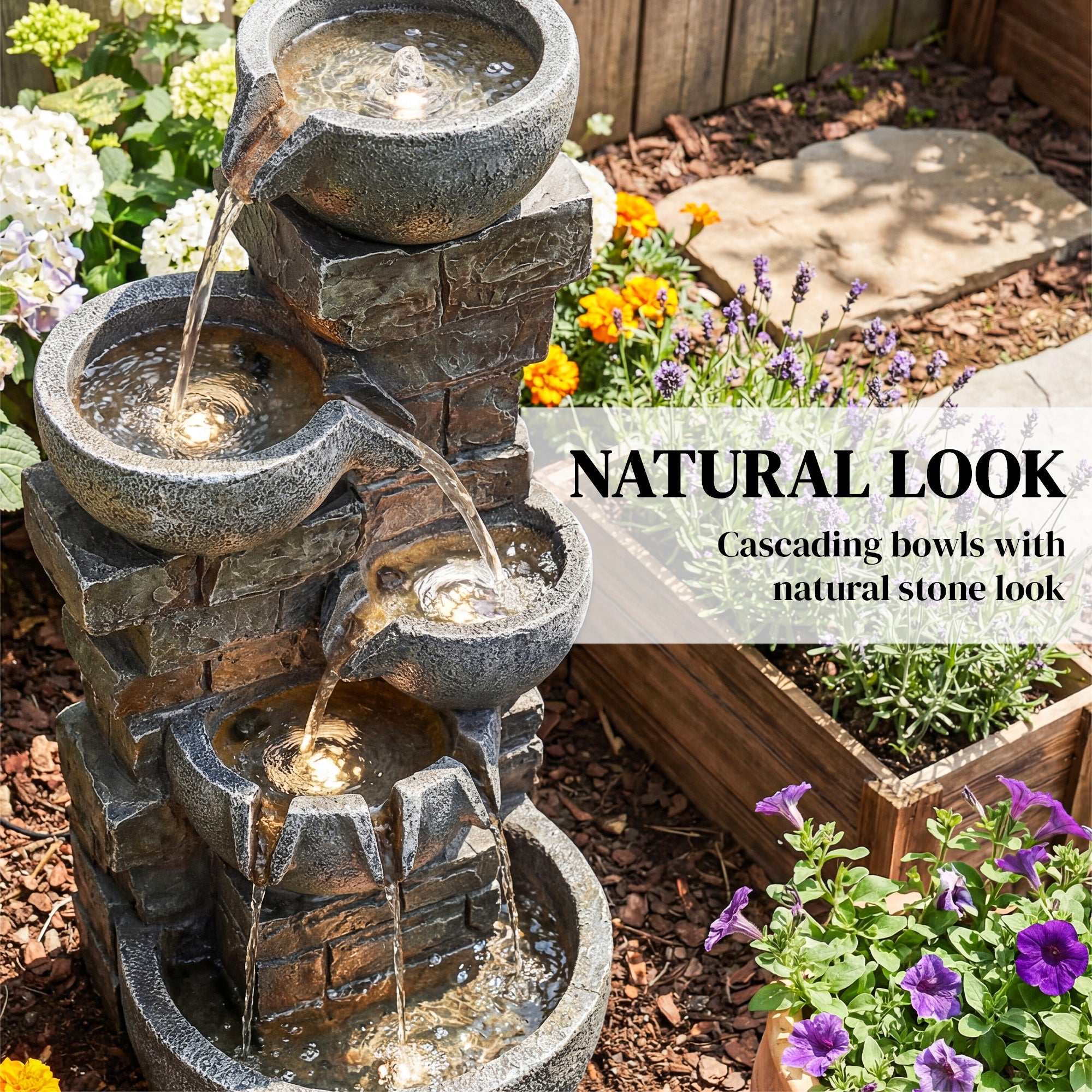 Outsunny Outdoor Water Fountain with LED Lights, 80cm Tall 5 Tiers Cascading Water Feature for Garden Patio Home Decor, Mixed 