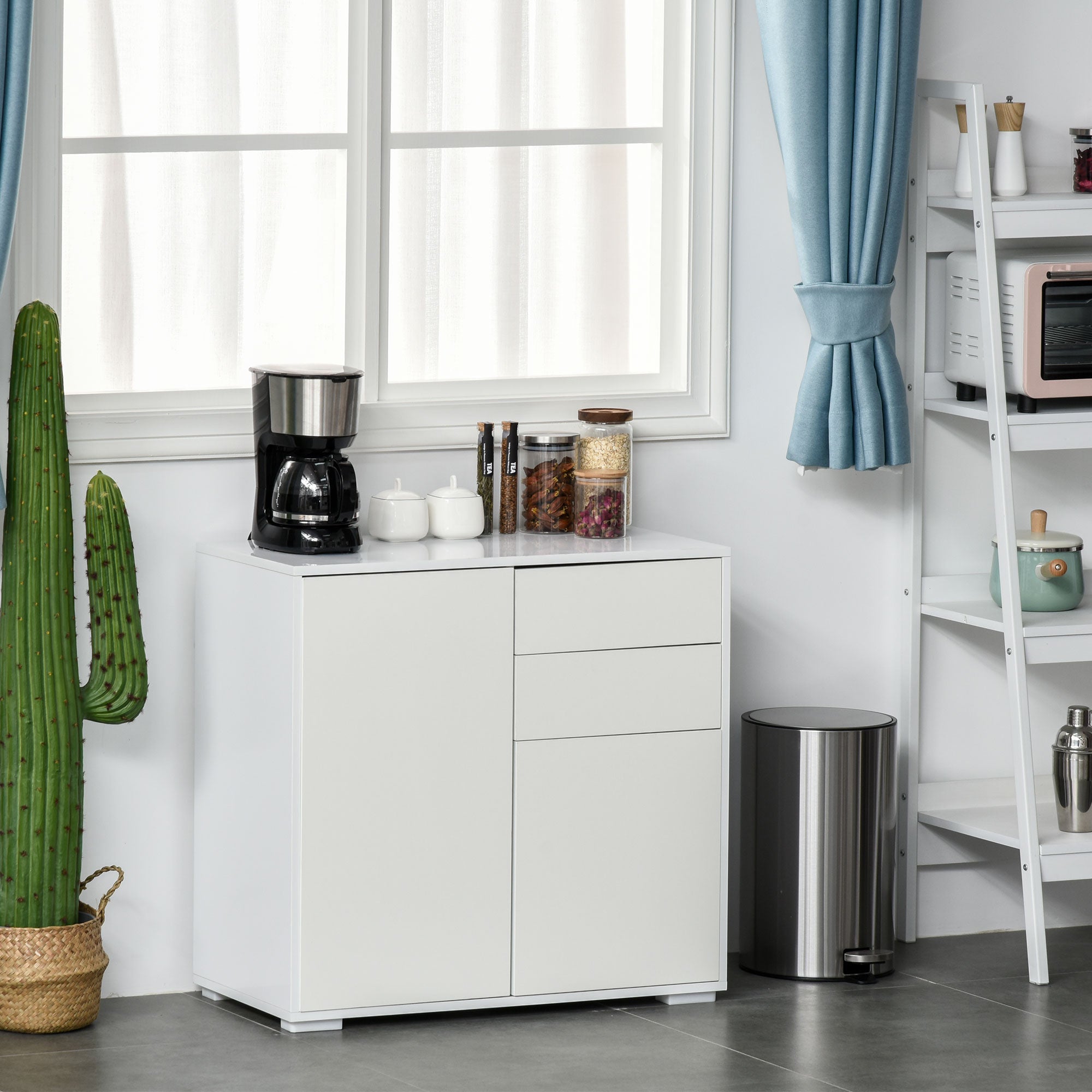 HOMCOM High Gloss Frame Sideboard, Push-Open Design with 2 Drawer for Living Room, Bedroom, 74H x 79W x 36Dcm, White 