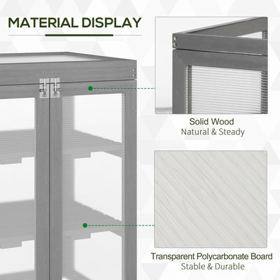 Outsunny 3-tier Wood Greenhouse Garden Polycarbonate Cold Frame Balcony Grow House w/ Storage Shelf for Plants, Flowers, Dark Grey 