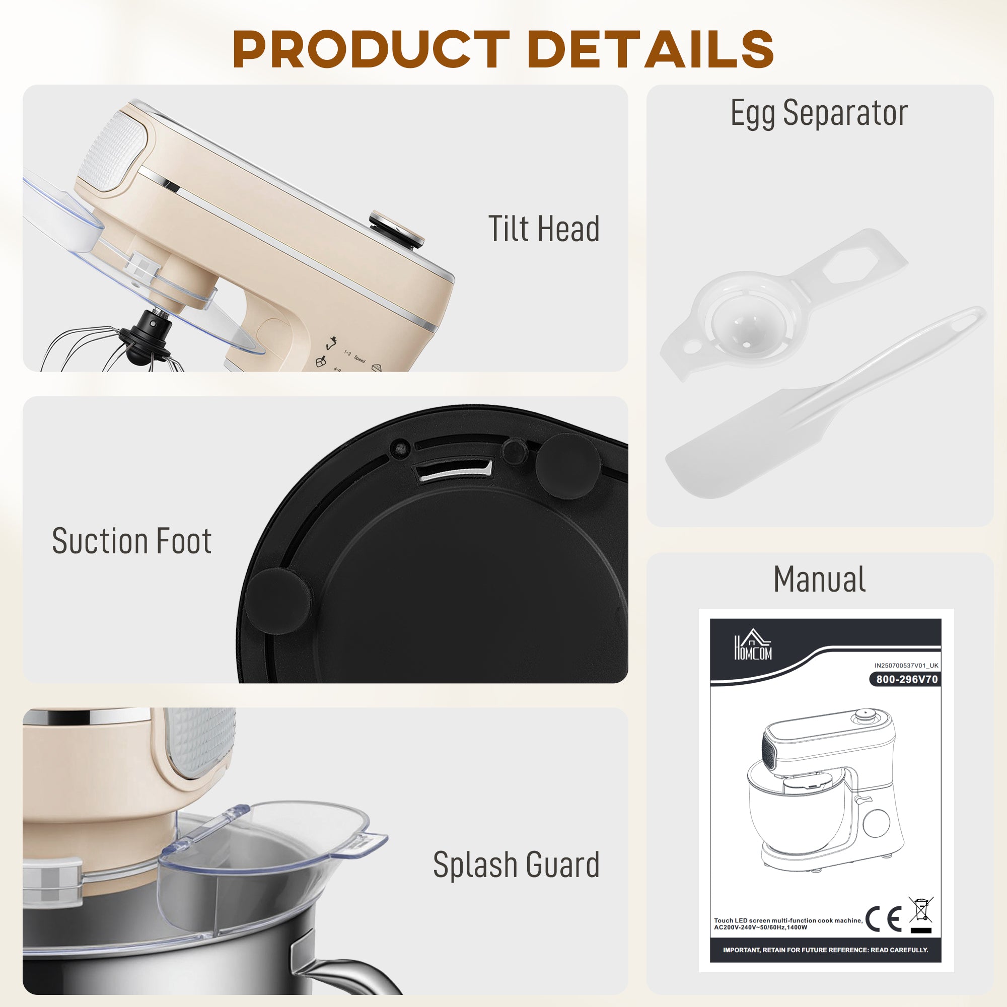 HOMCOM Stand Mixer, 6L 1400W Tilt-Head Food Mixer with 11 Speeds, Pulse & Fermentation Function, LED Display, Cream 
