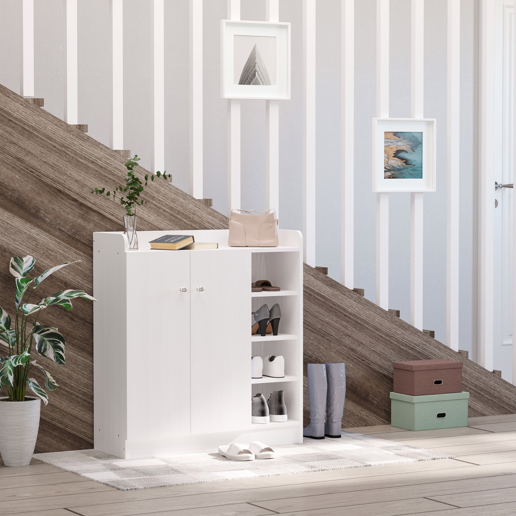 HOMCOM Shoe Storage Cabinet  Two Doors w/ Adjustable 4 Shelves Cupboard Footwear Rack Stand Organiser Hallway White 