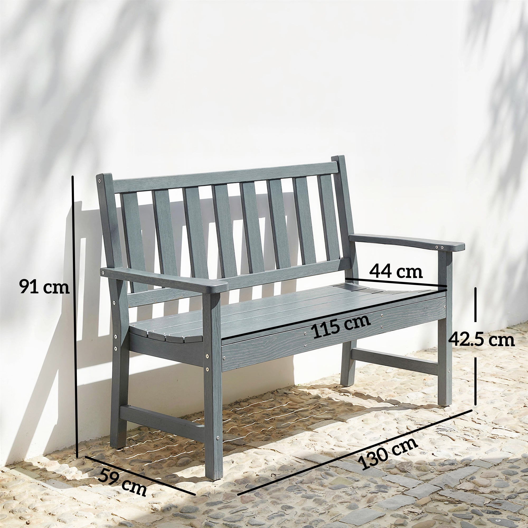 Outsunny 2 Seater Plastic Garden Bench, Outdoor Patio Bench with Armrest and Backrest, Weatherproof Outdoor Furniture for Balcony 