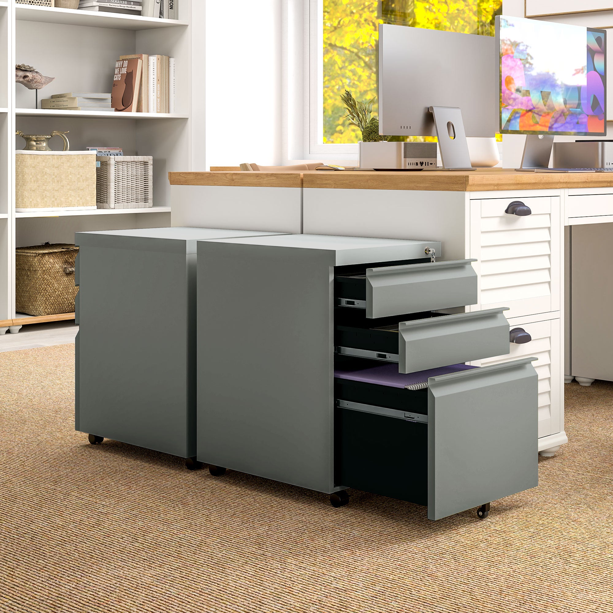 Vinsetto 3 Drawer Filling Cabinet, Mobile Metal File Cabinet with Anti-tilt Design for Letter, A4, Legal Size, Grey 