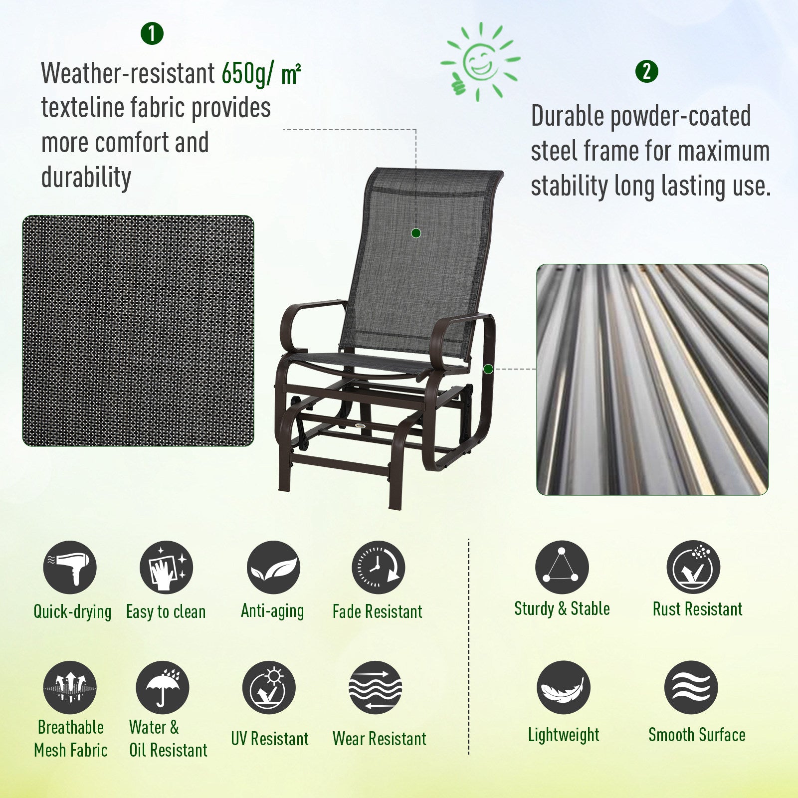 Outsunny 3 Pieces Garden Gliding Chair Set, Metal Frame 2 Single Armchair Swing Seater and 1 Glass Top Coffee Table w/ Breath Mesh Fabric Seat, Brown 