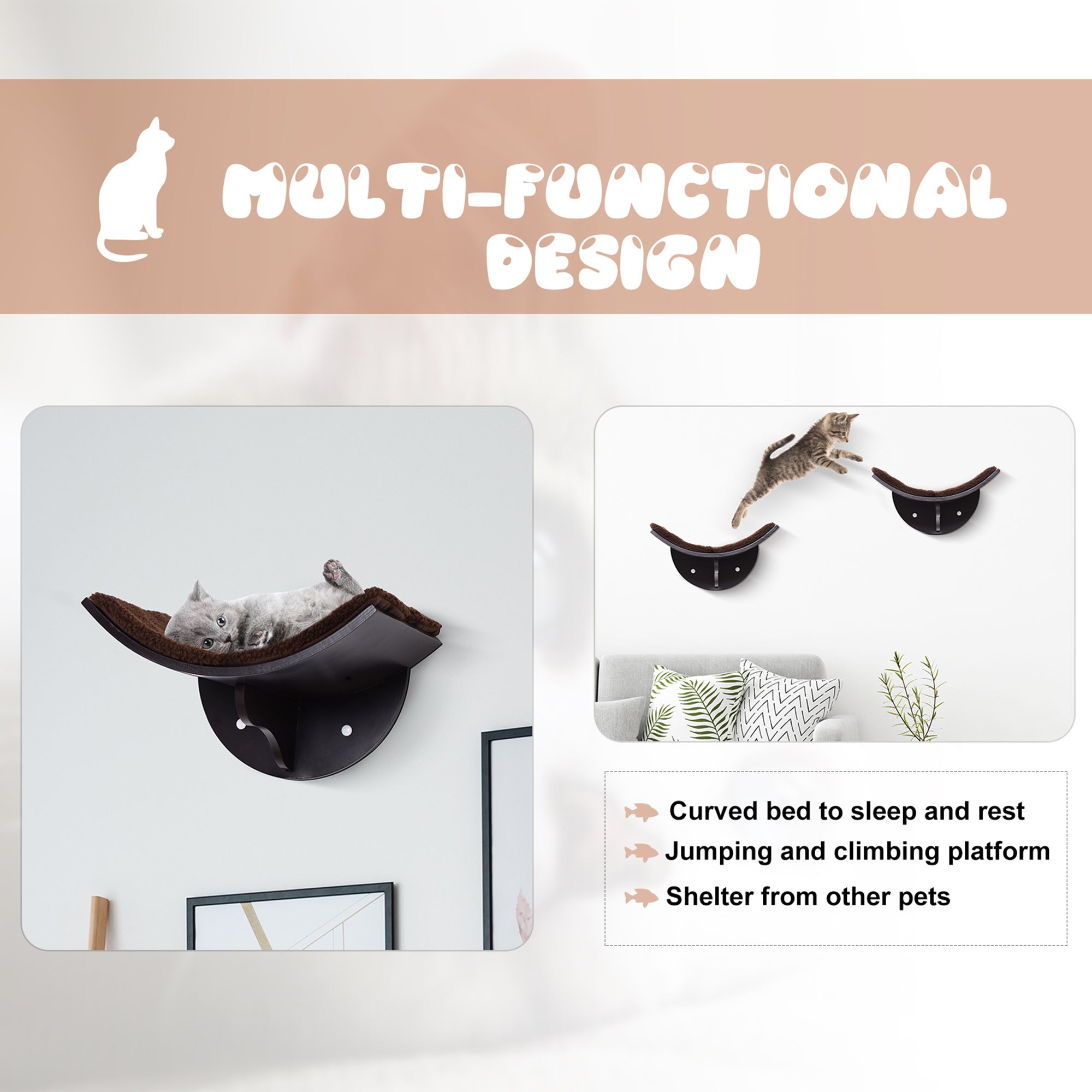 PawHut Wood Cat Shelves Wall-Mounted Shelter Curved Kitten Bed Cat Perch Climber Cat Furniture 41 x 28 x 21cm Brown 