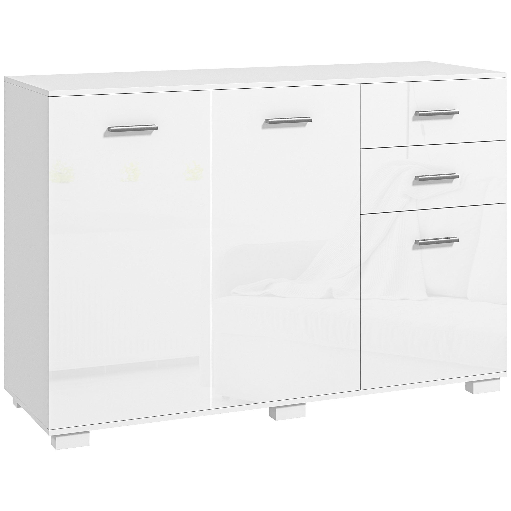 HOMCOM Sideboard, Modern Storage Cabinet with 2 Drawers, 3 Doors and Adjustable Shelves, Kitchen Cabinet for Living Room, Dining Room, High Gloss White 