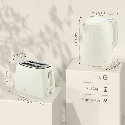 HOMCOM Kettle and Toaster Set, 1.7L 3000W Fast Boil Kettle & 2 Slice Toaster Kitchen Set with 7 Level Browning Controls, Defrost, Reheat, Boil-dry Protection, Cream White 