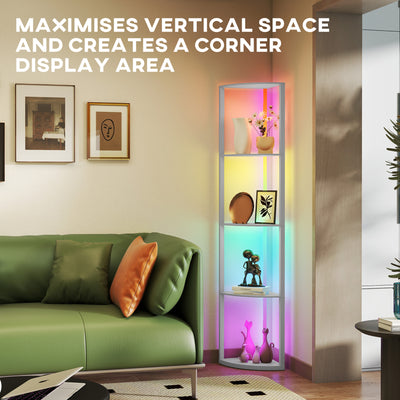 HOMCOM RGB LED Floor Lamp with Shelves, 5-Tier Dimmable Standing Lamp with Adjustable Brightness and Remote Control, Modern Corner Display Shelf Unit for Living Room Bedroom Office, Grey 