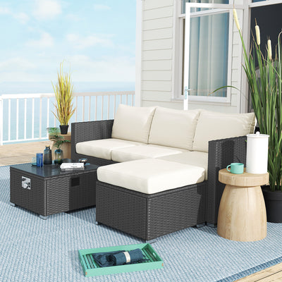 Outsunny Five Piece Rattan Garden Furniture Set with Gas Fire Pit Table and Footstool - Black and Cream White 