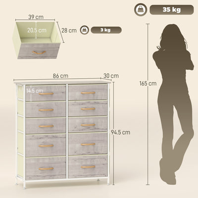 HOMCOM Chest of Ten Fabric Drawers - Natural Wood Finish 