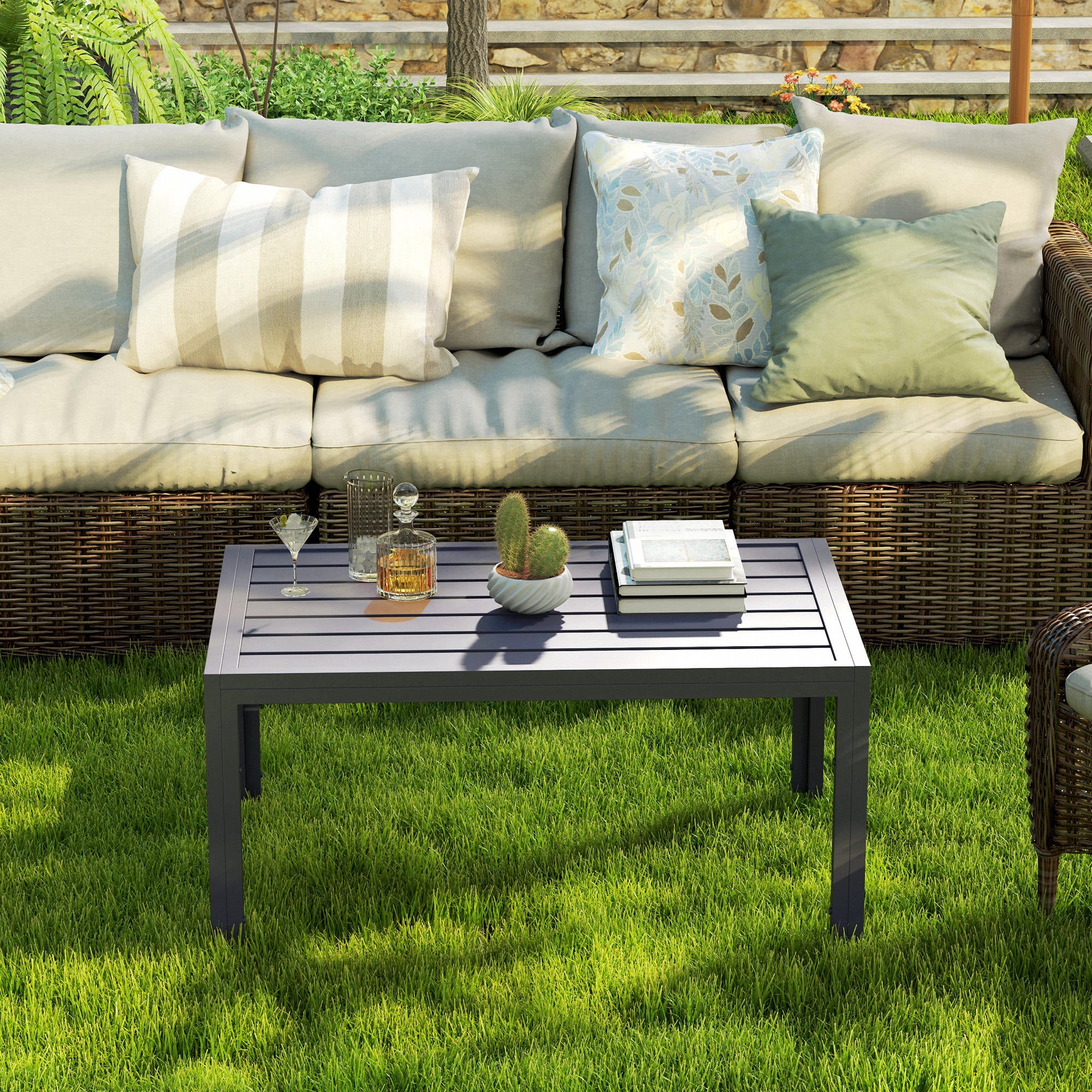 Outsunny Outdoor Side Table, Rectangular Patio Coffee Side Table with Steel Frame and Slat Tabletop for Garden, Balcony, Grey 