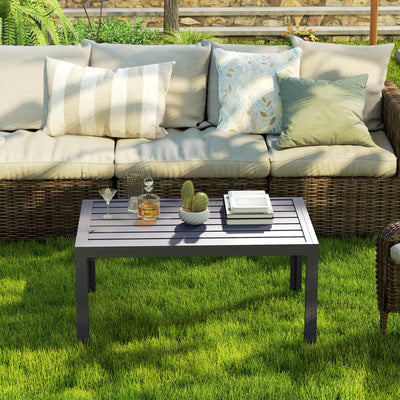 Outsunny Outdoor Side Table, Rectangular Patio Coffee Side Table with Steel Frame and Slat Tabletop for Garden, Balcony, Grey 