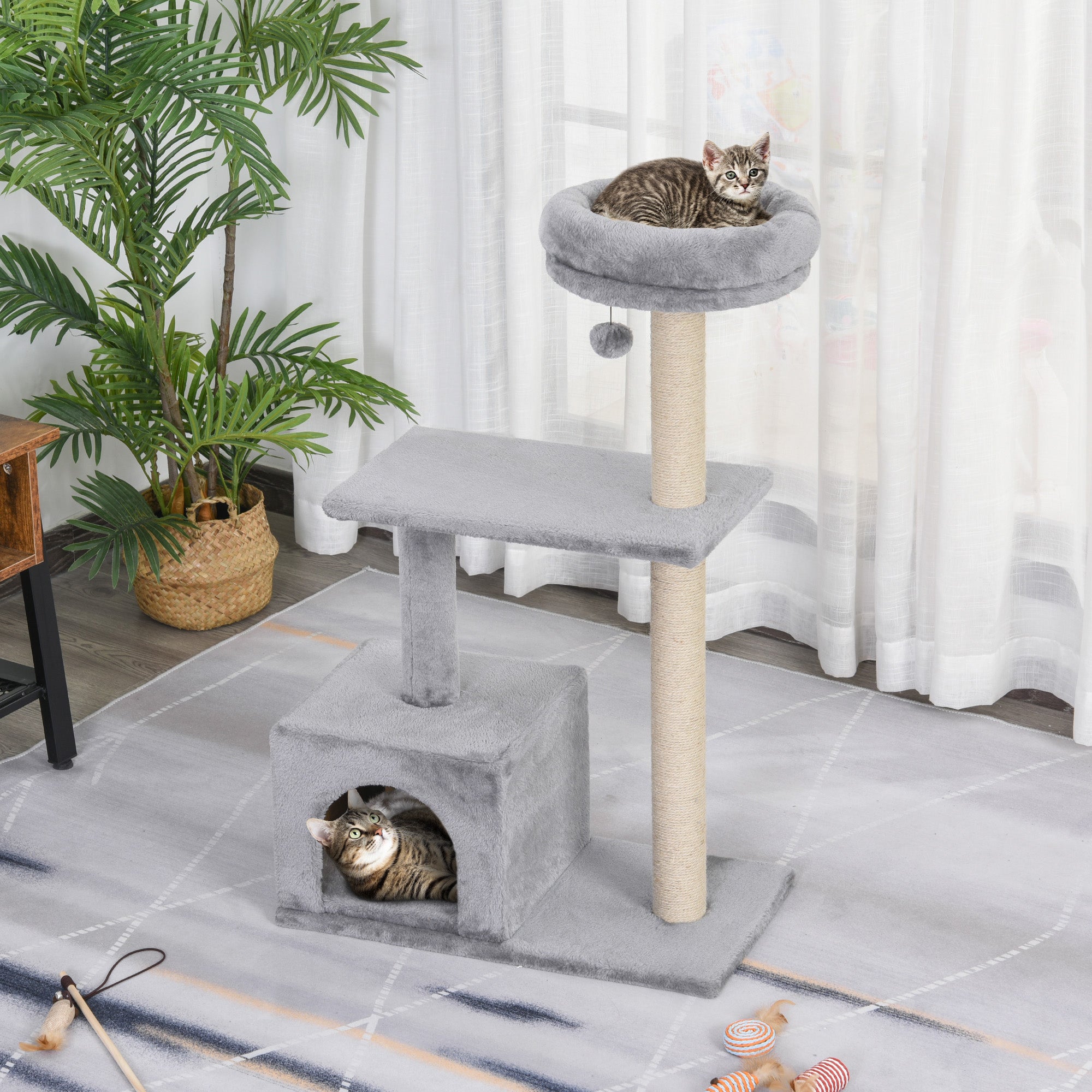 PawHut 96cm Cat Tree for Indoor Cats Condo Sisal Scratching Post Cat Tower Kitten Play House Dangling Ball Activity Center Furniture Grey 