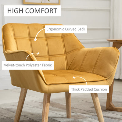 HOMCOM Armchair Accent Chair, Vanity Chair with Wide Arms, Slanted Back, Padding, Metal Frame, Wooden Legs, Home Bedroom Furniture Seating, Set of 2, Yellow 