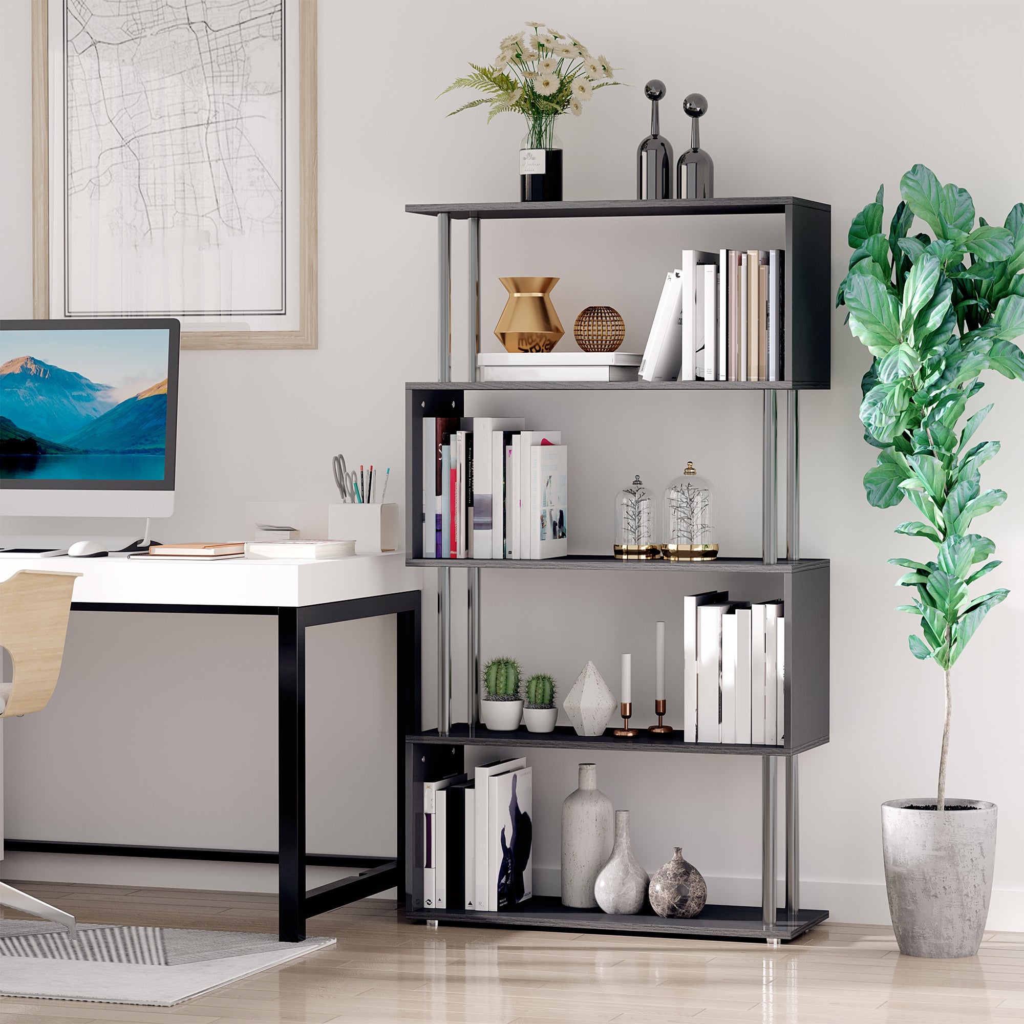 HOMCOM S Shape Bookcase, 5 Tiers Bookshelf, Modern Freestanding Storage Shelf for Home Office, Study, Living Room, 80 x 30 x 145cm Black 