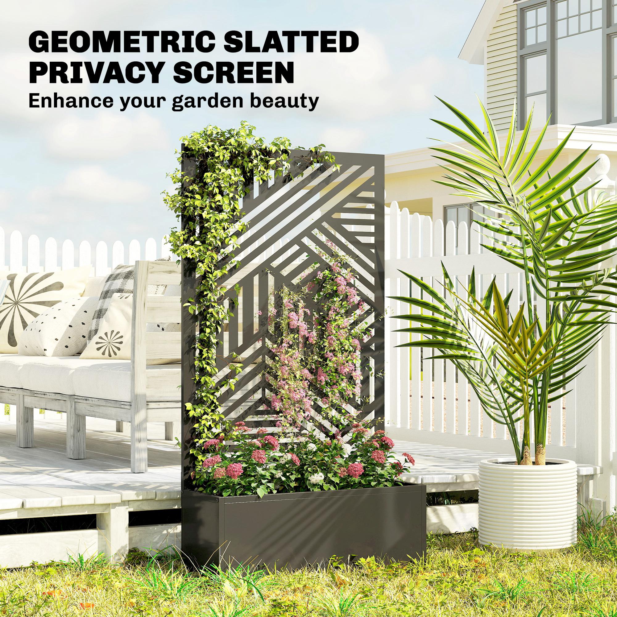 Outsunny Metal Garden Bed for Garden with Trellis, Raised Garden Bed with Privacy Screen, Geometric Slatted Cut-Out 