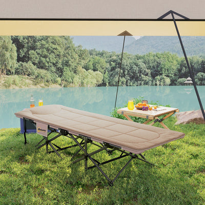 Outsunny Folding Camping Bed for Adults with Cushion, Heavy Duty Portable Travel Camping Cot with Headrest, Side Pocket and Non-Slip Foot Pads for Outdoor Beach Travel Office, Khaki 