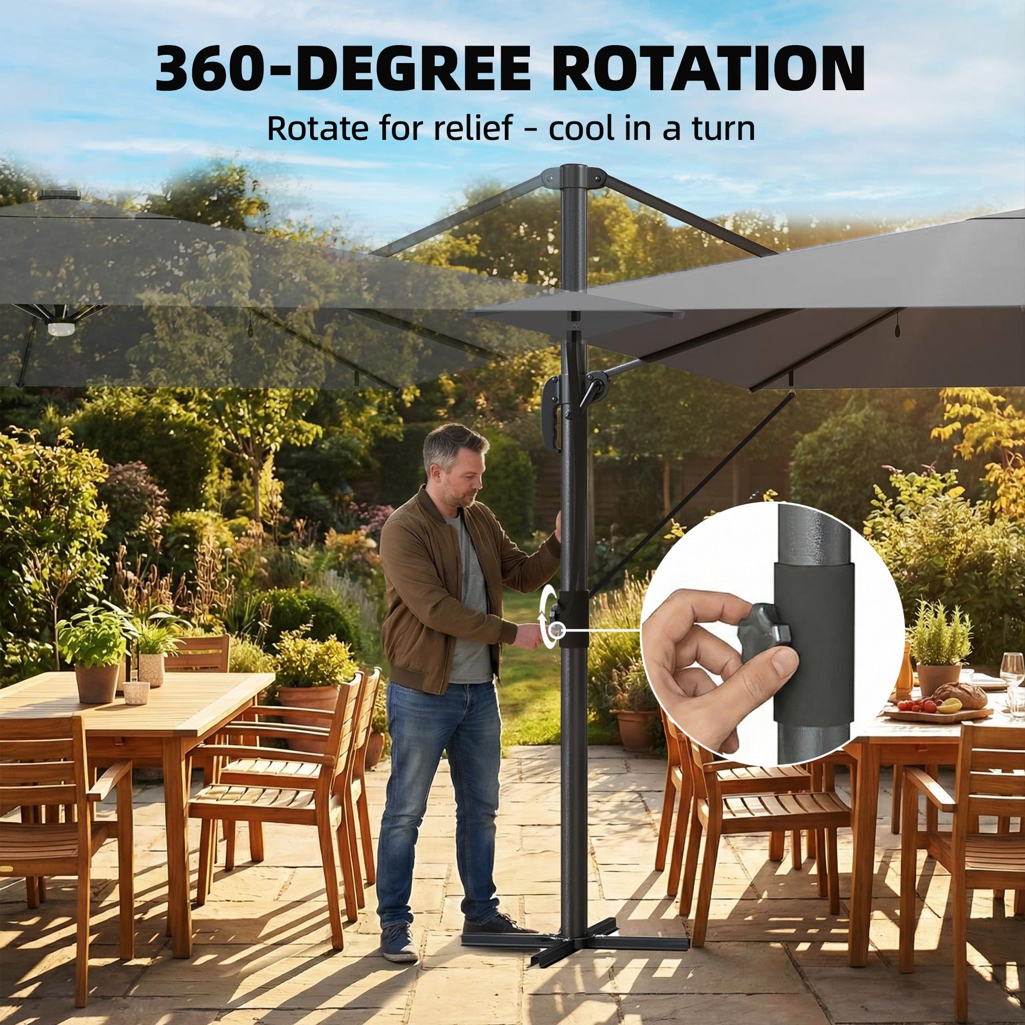 Outsunny 3 x 3 m Garden Cantilever Parasol with Light, Cover, Overhanging Umbrella w/ Wind Protection, 360° Rotation, Light Grey 