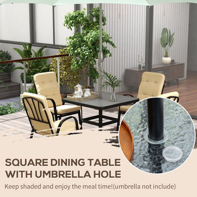 Outsunny 5 Pieces Outdoor Square Garden Dining Set w/ Tempered Glass Dining Table 4 Cushioned Armchairs, Umbrella Hole, Beige 
