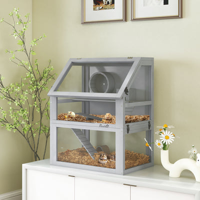 PawHut Wooden Hamster Cage with Detachable 32cm Deep Bottom, Hut, Seesaw, Exercise Wheel, Ramp, 60 x 40 x 75cm, Light Grey 