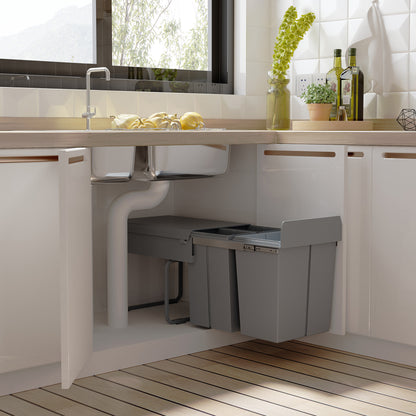 HOMCOM Kitchen Recycle Waste Bin Pull Out Soft Close Dustbin Recycling Cabinet Trash Can Grey (40L (1x20L+2x10L)) 