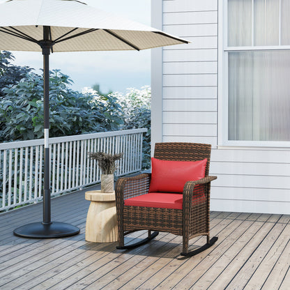 Outsunny Garden Rocking Chair, Outdoor Rattan Rocker Lounge Chair with Seat and Back Cushions, Patio Armchair Seat with All-weather Wicker, Steel Frame for Porch Balcony, Red 