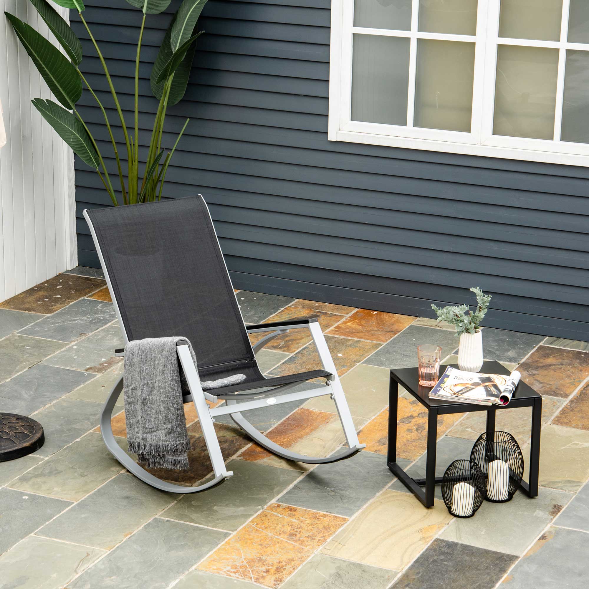 Outsunny Rocking Chair Sun Lounger Garden Seat Patio High Back Texteline Black 