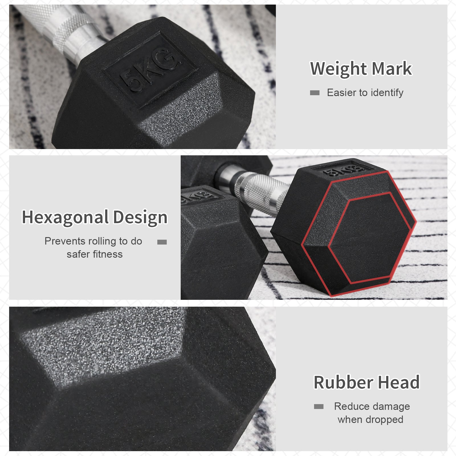 HOMCOM 2x5kg Rubber Dumbbell Sports Hex Weights Sets Gym Fitness Lifting Home 