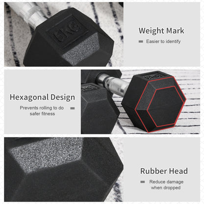 HOMCOM 2x5kg Rubber Dumbbell Sports Hex Weights Sets Gym Fitness Lifting Home 