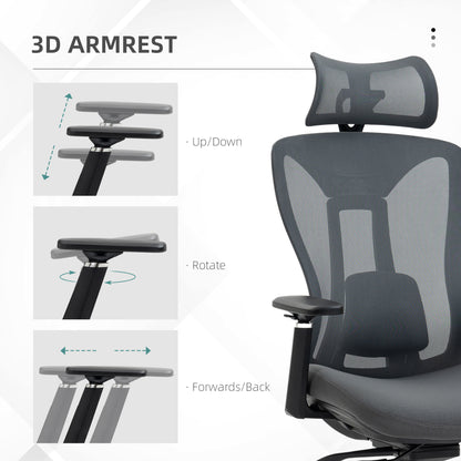 Vinsetto Mesh Office Chair, Ergonomic Desk Chair, Computer Chair with Adjustable Headrest and Lumbar Support, 135\'c2\'b0 Reclining Back and 3D Armrest for Home Office Study, Grey