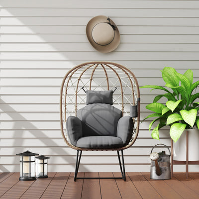 Outsunny Rattan Egg Chair Outdoor Indoor Wicker Chair with Thickened Cushion and Headrest, Standing Garden Egg Chair with Cup Holder, Metal Frame for Patio, Balcony, Brown 