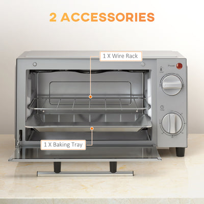 HOMCOM Mini Oven, 9L Countertop Electric Grill, Toaster Oven with Adjustable Temperature, Timer, Dishwasher Safe Baking Tray and Wire Rack, 750W, Silver 