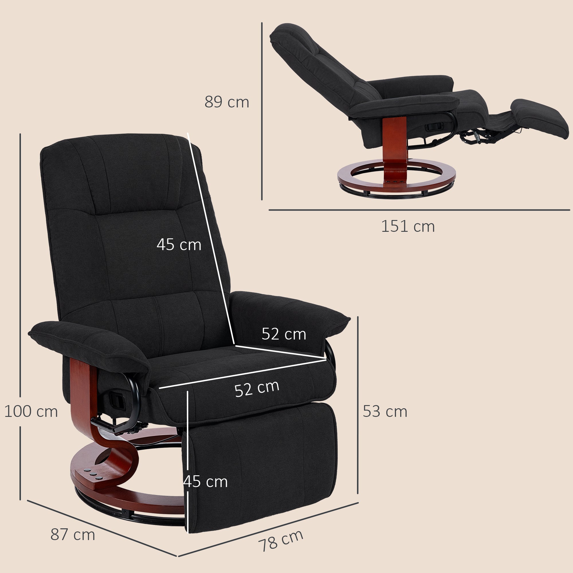 HOMCOM Reclining Swivel Chair, with Footrest - Black
