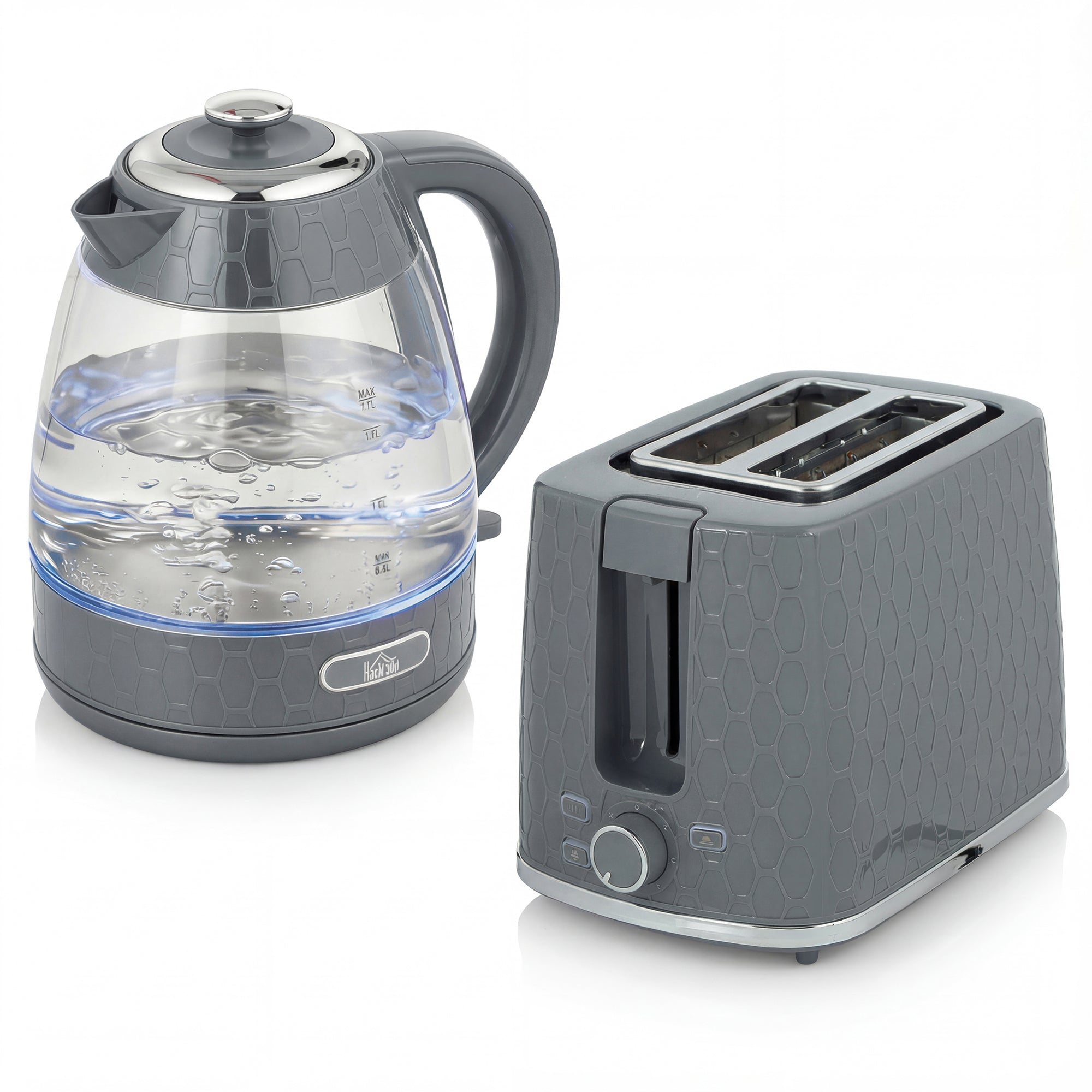 HOMCOM Kettle and Toaster Set, 1.7L 3000W Rapid Kettle with Limescale Filter, 2 Slice Toaster with 7 Browning Controls, Grey 